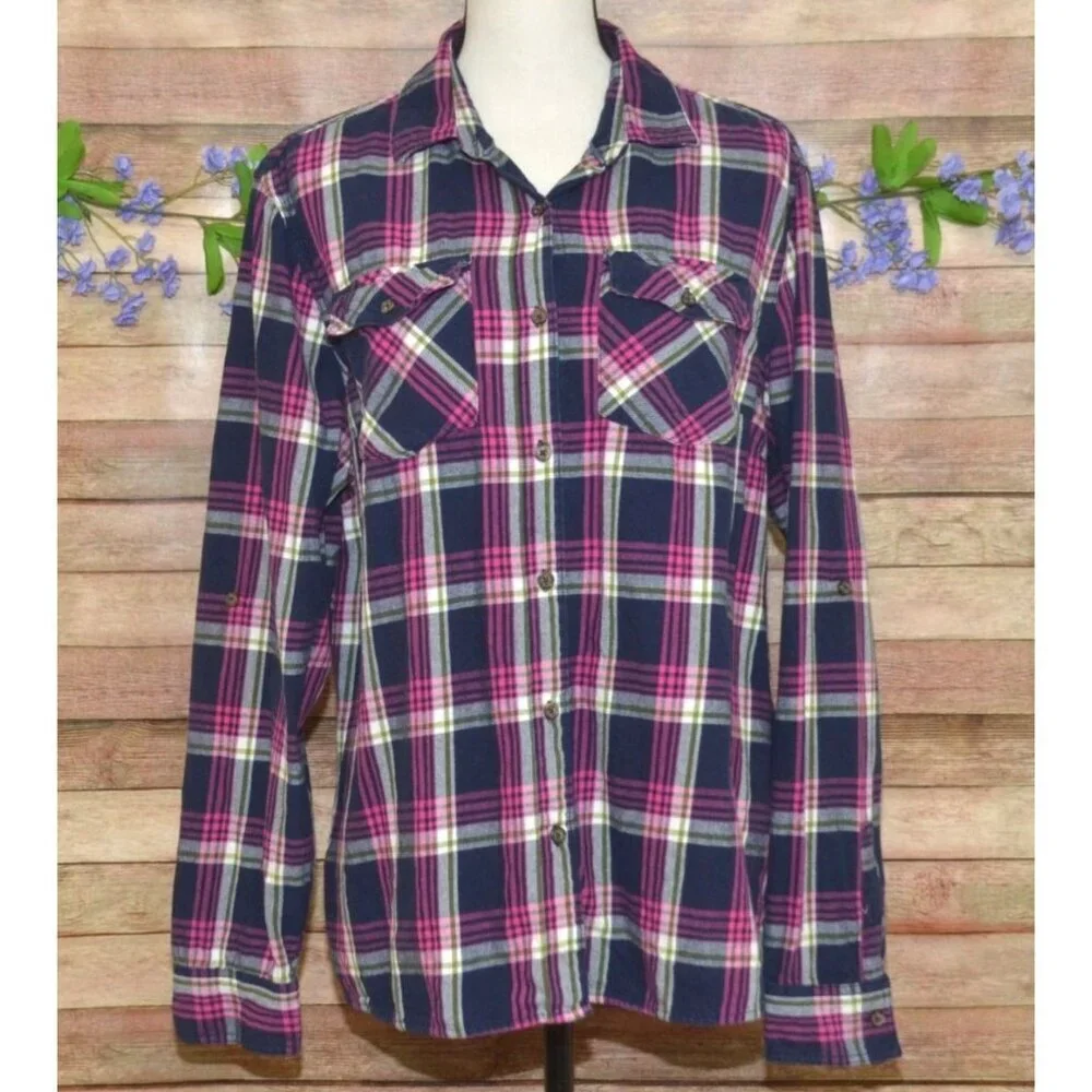 Magellan Outdoors Cotton Plaid Button Up Flannel Shirt Size 2XL Roll Tab Sleeves